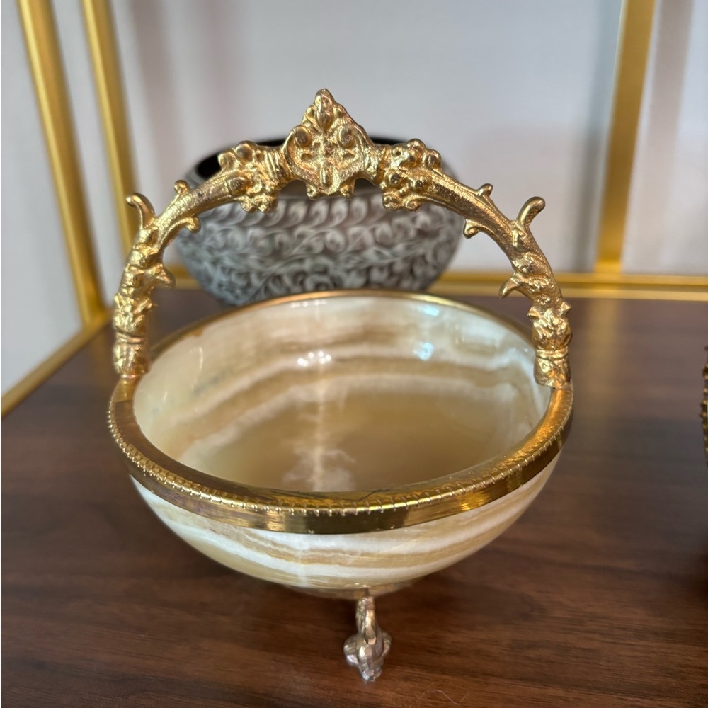 Vintage Stone Basket with Ornate Handle